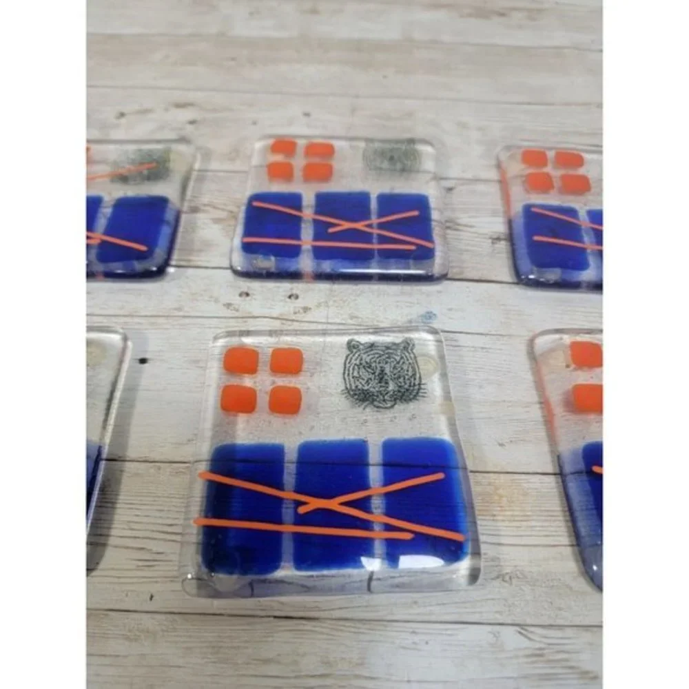 Lot of 7 Art Glass Drink Coasters Orange Blue Geometric‎ Tiger Stamped MCM Pads